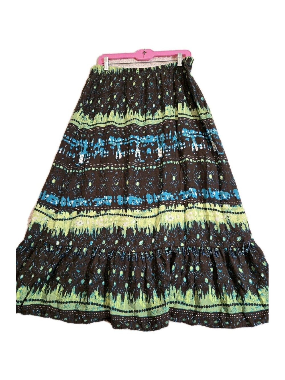 Boho Style Maxi Skirt Sz L Beaded Green Brown Grunge Gypsy Flowy Fairy  Cottage